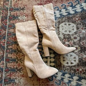 Elegant Nude/Beige Knee-High Women's Suede Boots, Women’s 38.5